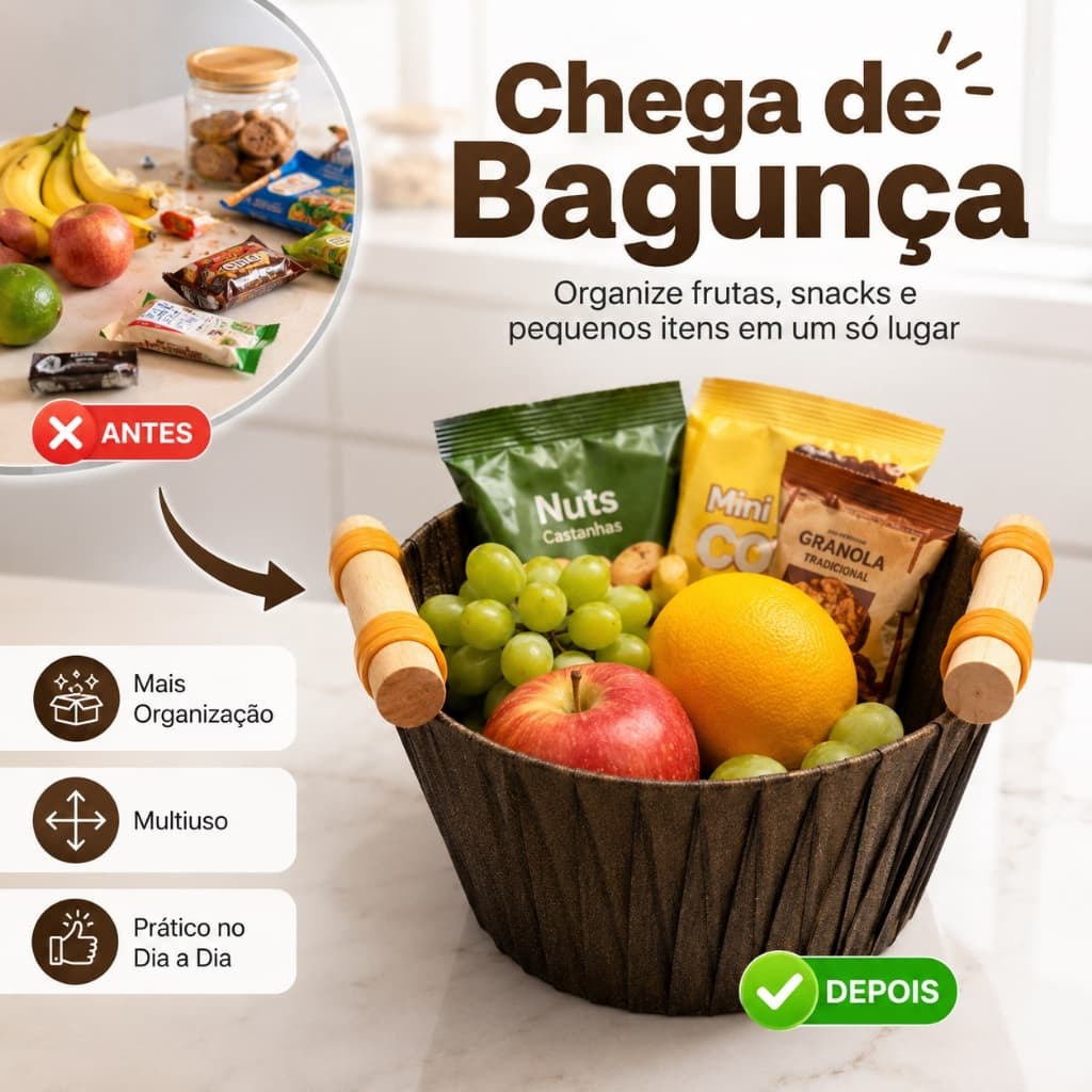 Cesto Organizador Redondo Cesta Organizadora Com Alça De Madeira Cesto Multiuso