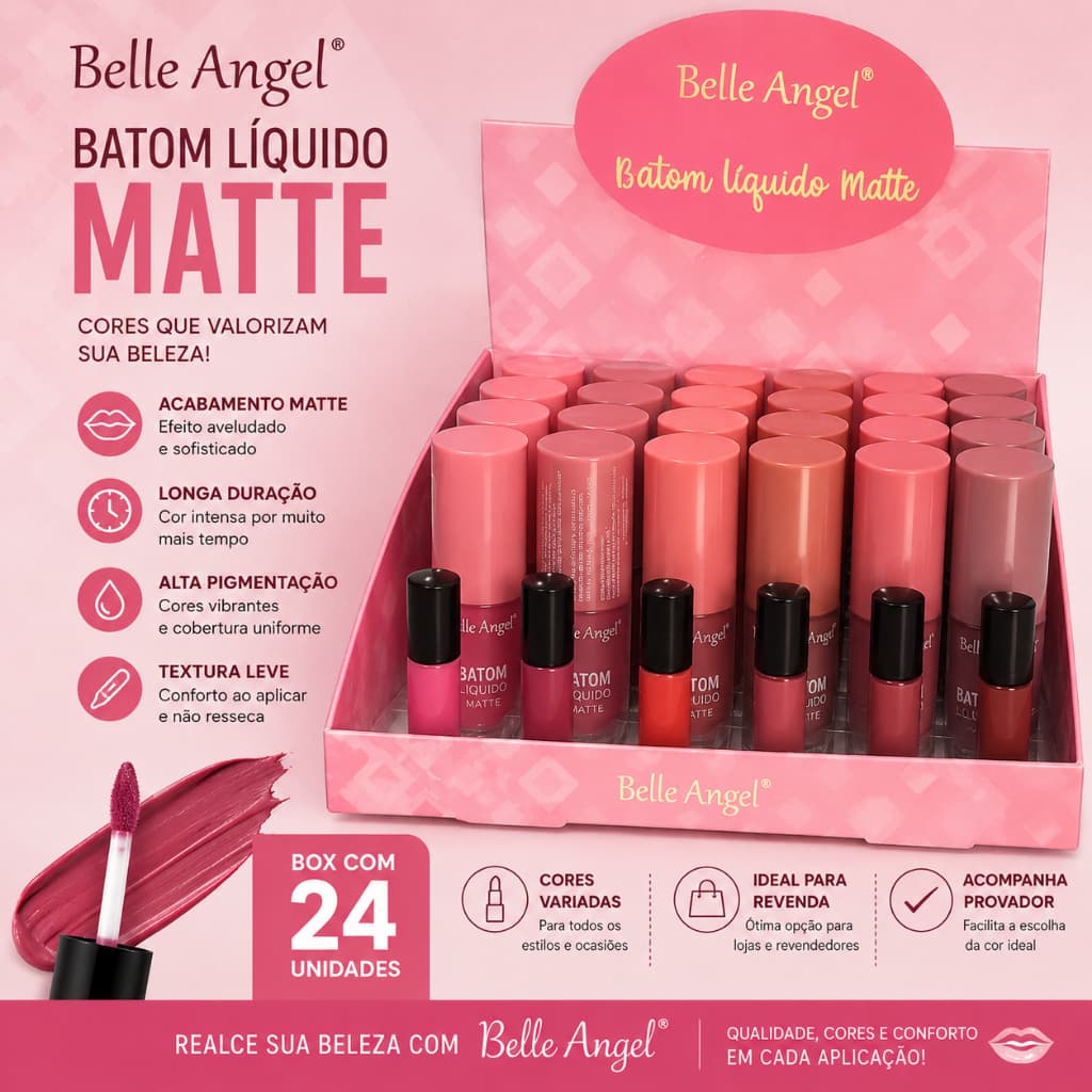 Box 24 Batom Líquido Matte Belle Angel + Provador Atacado