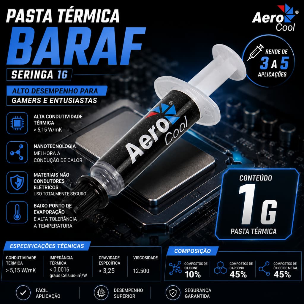 Pasta Térmica Seringa 1g Condutividade 5,15 W/mK Aerocool PC Gamer Notebook Placa PS XBOX
