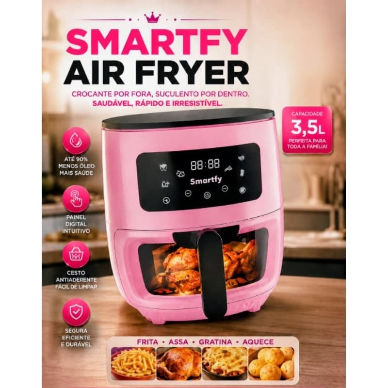Air Fryer Smartfy 3,6L 1400W Digital Rosa – Fritadeira Sem Óleo
