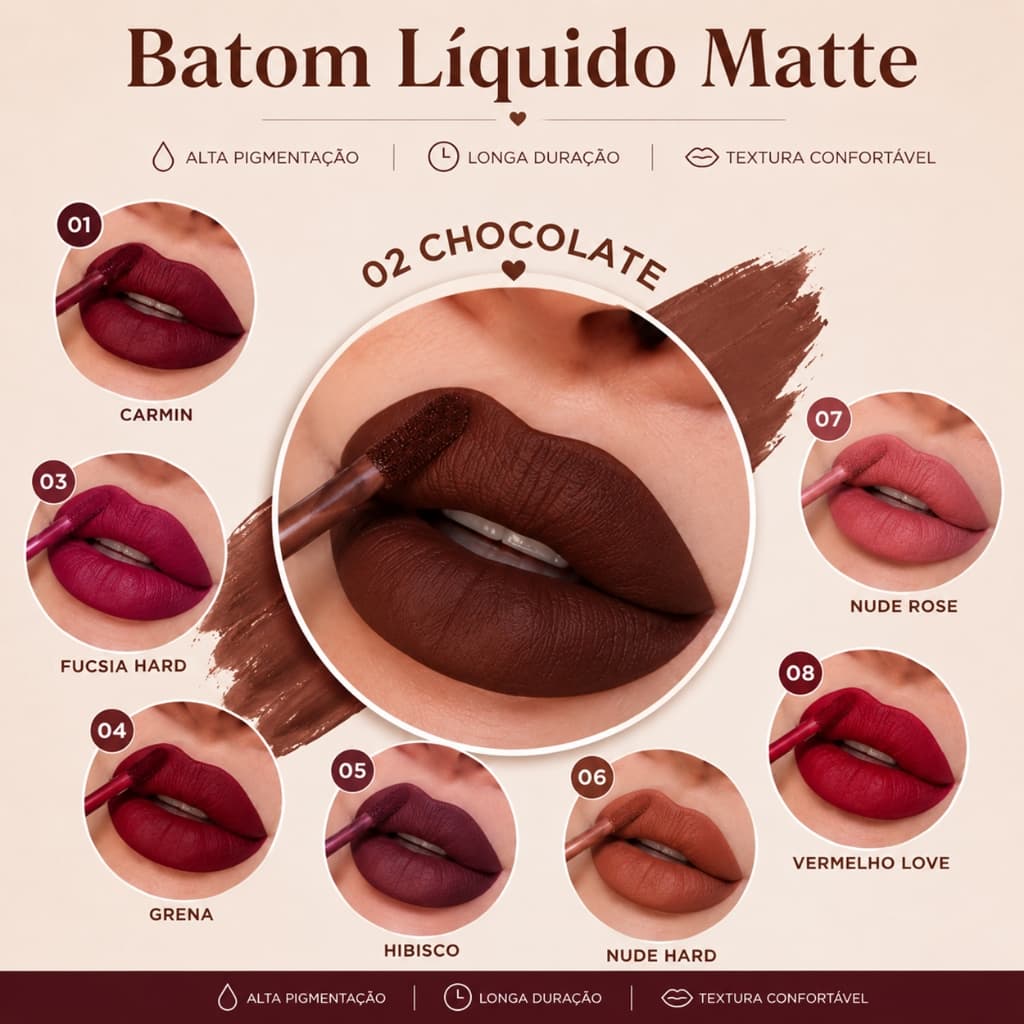 Batom Líquido Matte Mahav 4 ml 8 cores disponíveisCombina com Tudo