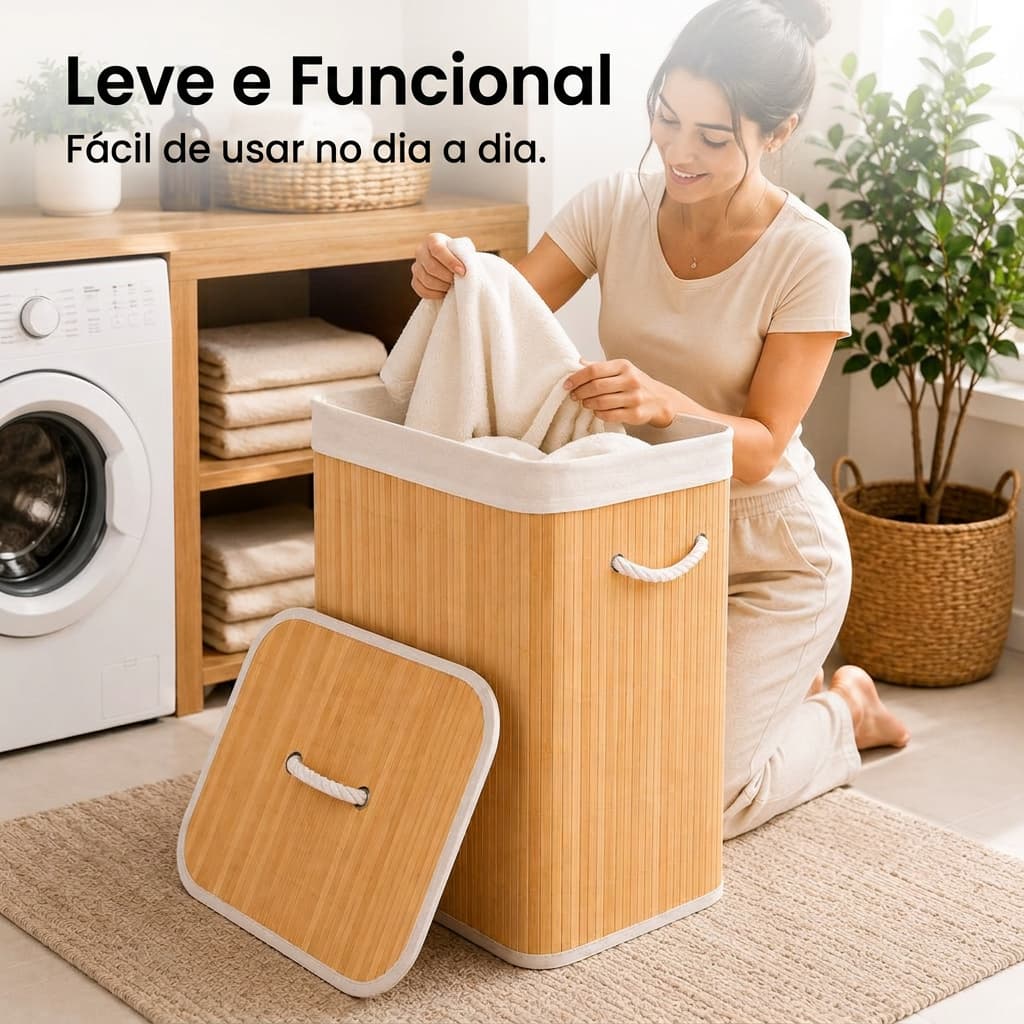 Cesto Organizador De Bambu 70 Litros Com Tampa E Alças Para Roupa Suja Lavanderia Banheiro Quarto