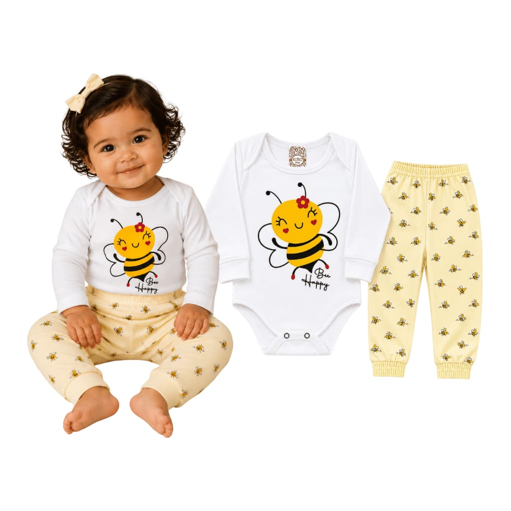 Conjunto Body Bebê Manga Longa E Calça Abelha Algodão Menina Enxoval Mijão Roupa de Frio