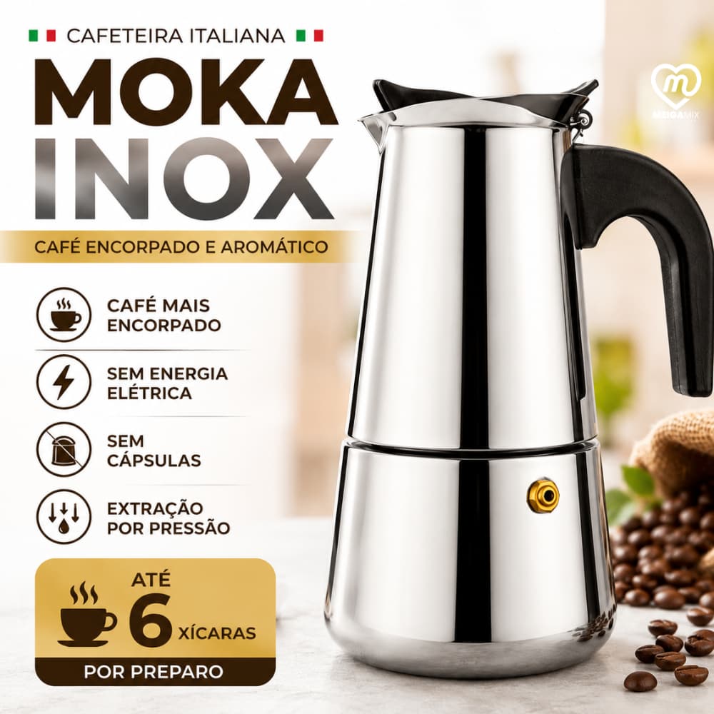 Cafeteira Italiana Moka Inox 300ml 6 Xícaras Para Café Expresso Fogão