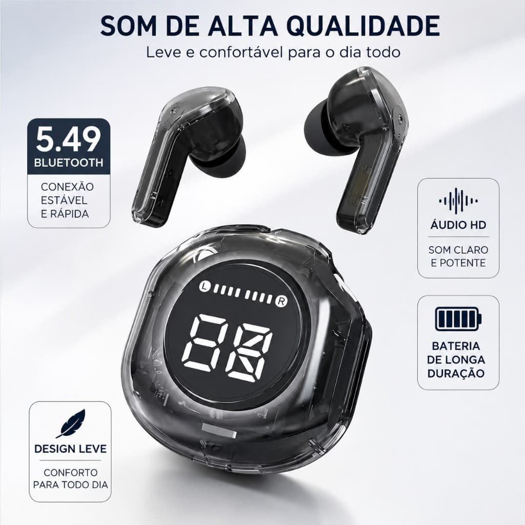 Fone Bluetooth Sem Fio Bluetooth 5.4 Display LED Áudio HiFi Baixa Latência Compatível