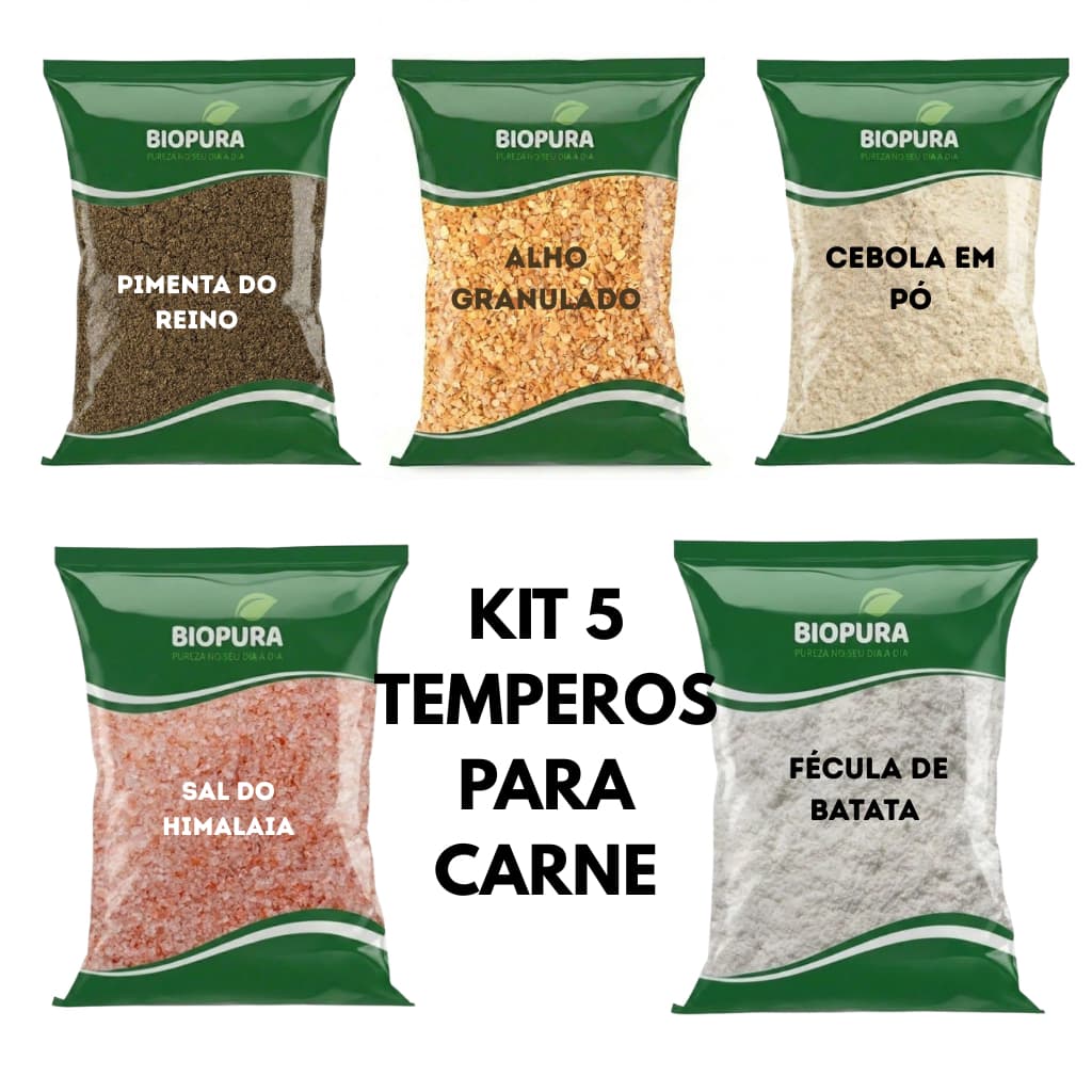 Kit 5 Temperos para Carne Bovina 300G - Alho Granulado, Pimenta do Reino, Sal do himalaia e Cebola em Pó 100% Natural