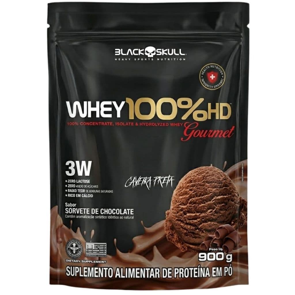 Whey Protein Zero Lactose 100% HD Black Skull 900g - Sabor Sorvete de Chocolate