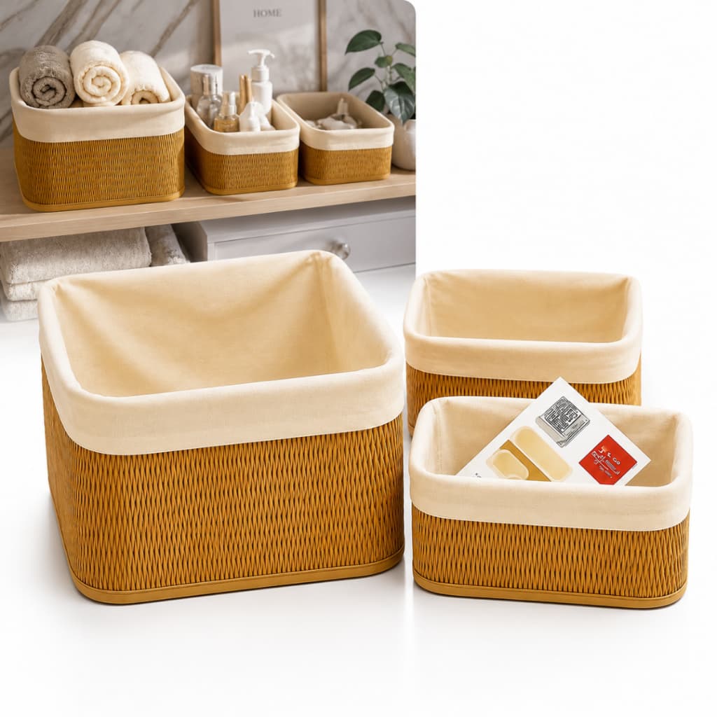 Kit 3 Cestos Organizadores Bambu Natural Bege com Alças Multiuso para Quarto Banheiro Closet