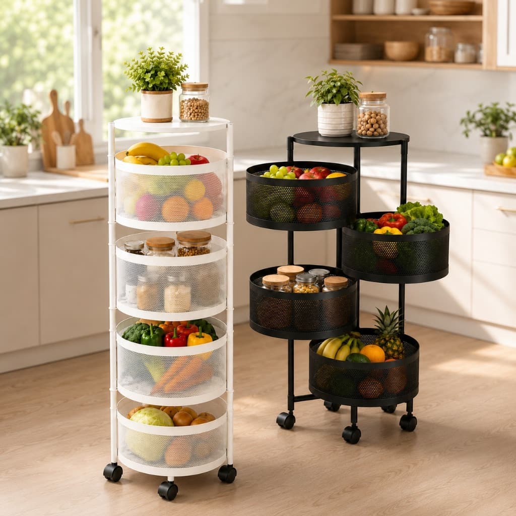 Fruteira Chão Redonda 4 Cesto Giratória Organizador Multiuso De Metal C/ Rodinhas Cozinha Banheiro Salão Quarto - Branco