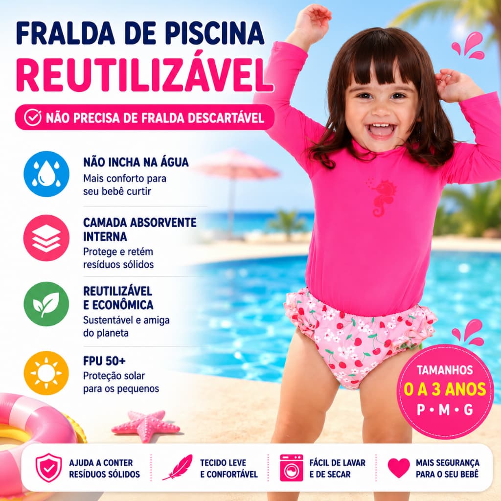 Fralda de Piscina Reutilizável Menina | Biquíni Fralda | Dispensa Fralda Descartável | FPU 50+