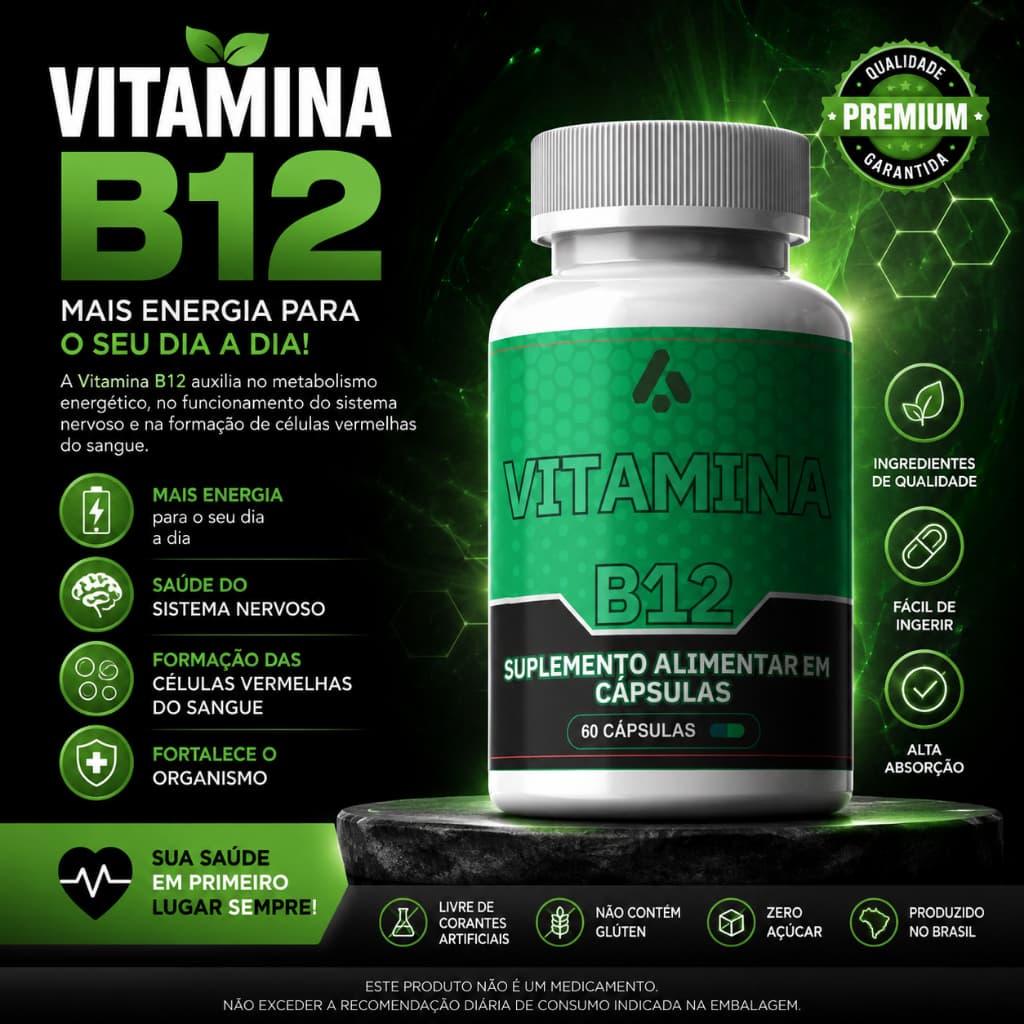 Vitamina B12 500mcg Metilcobalamina Autêntica 60 ou 120 cápsulas Arkad Suplementos