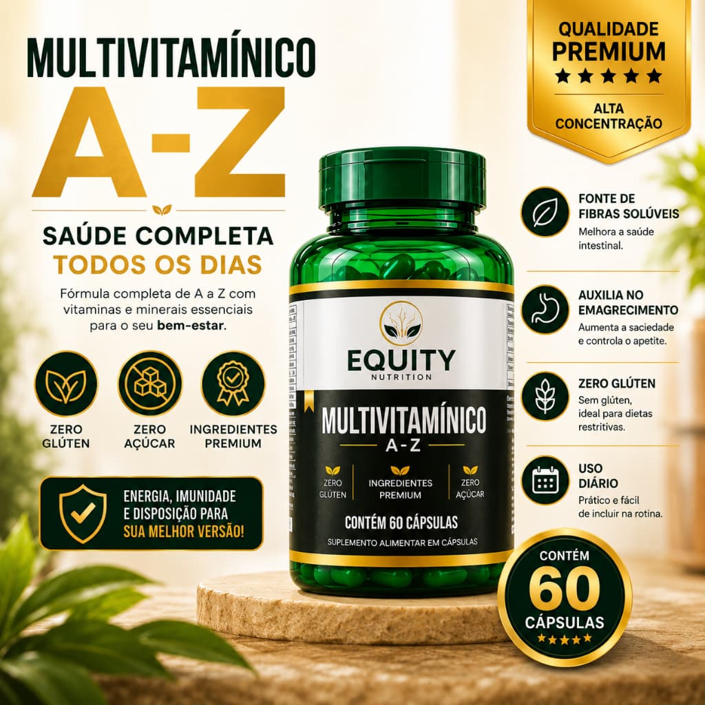 Multivitamínico A-Z 60 Cápsulas Vitaminas e Minerais Sem Sabor Suplemento Alimentar Equity Nutrition