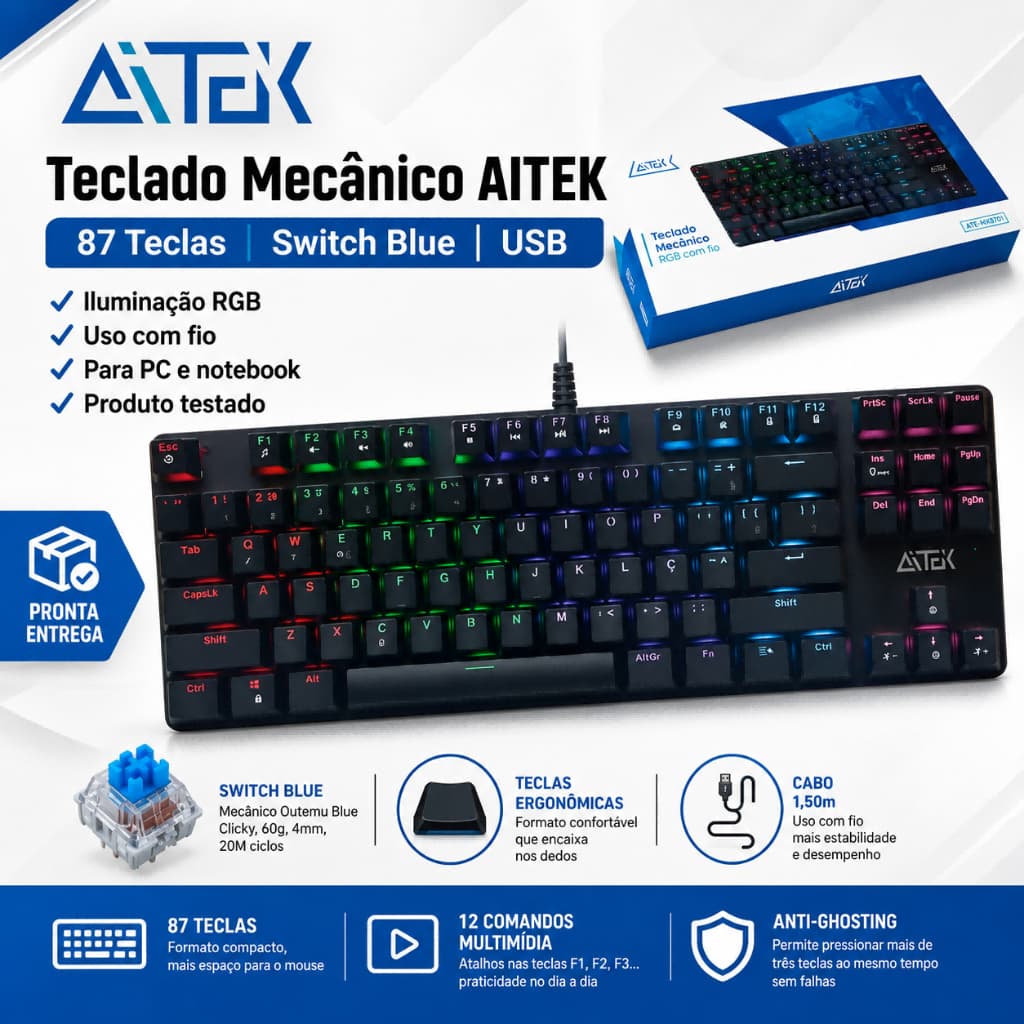 Teclado Mecânico AITEK 87 Teclas Switch Blue RGB USB Para PC