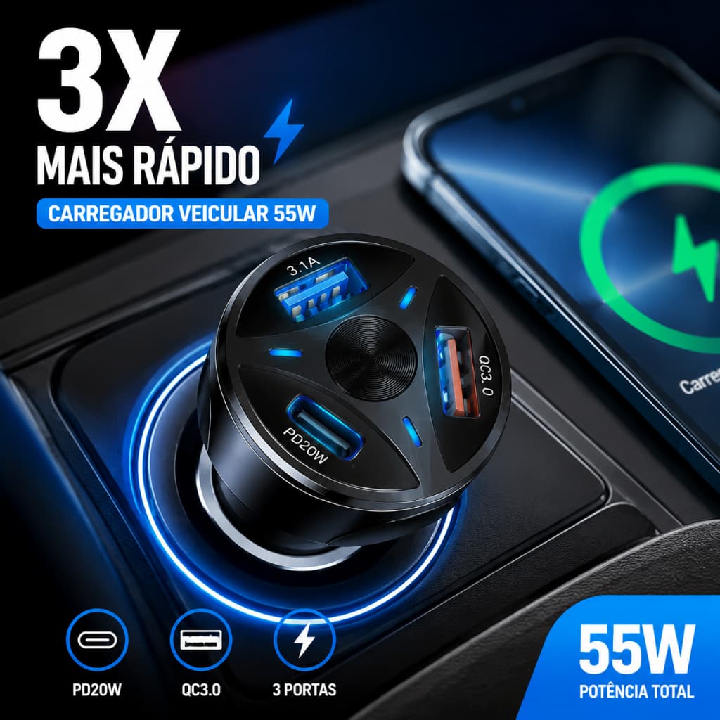 Carregador Veicular Rápido 3 Portas USB QC3.0 para Celular e Tablet