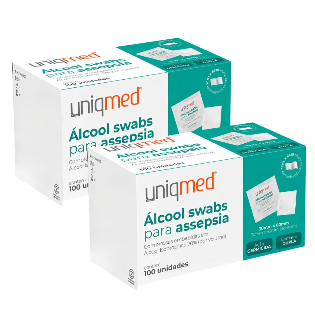 Kit 2 Caixas Álcool Swab 70% Saches Lenço Umedecido C/100 Unidades Cada - Uniqmed