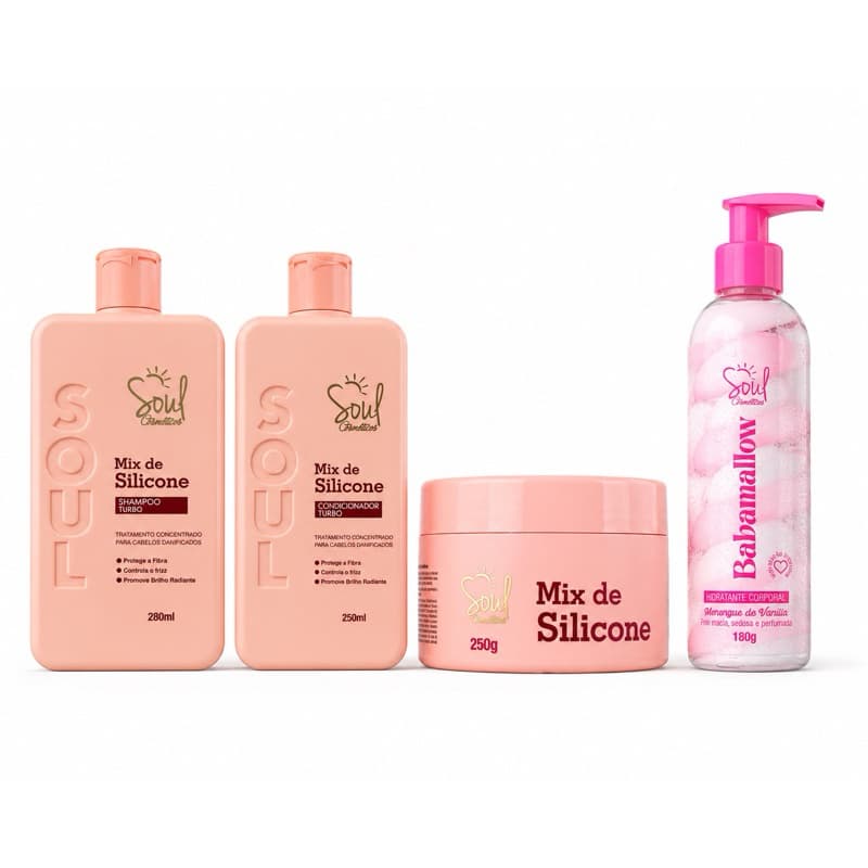 Kit 4 itens Shampoo Condicionador Máscara Mix de Silicone Soul + Hidratante Merengue de Baunilha