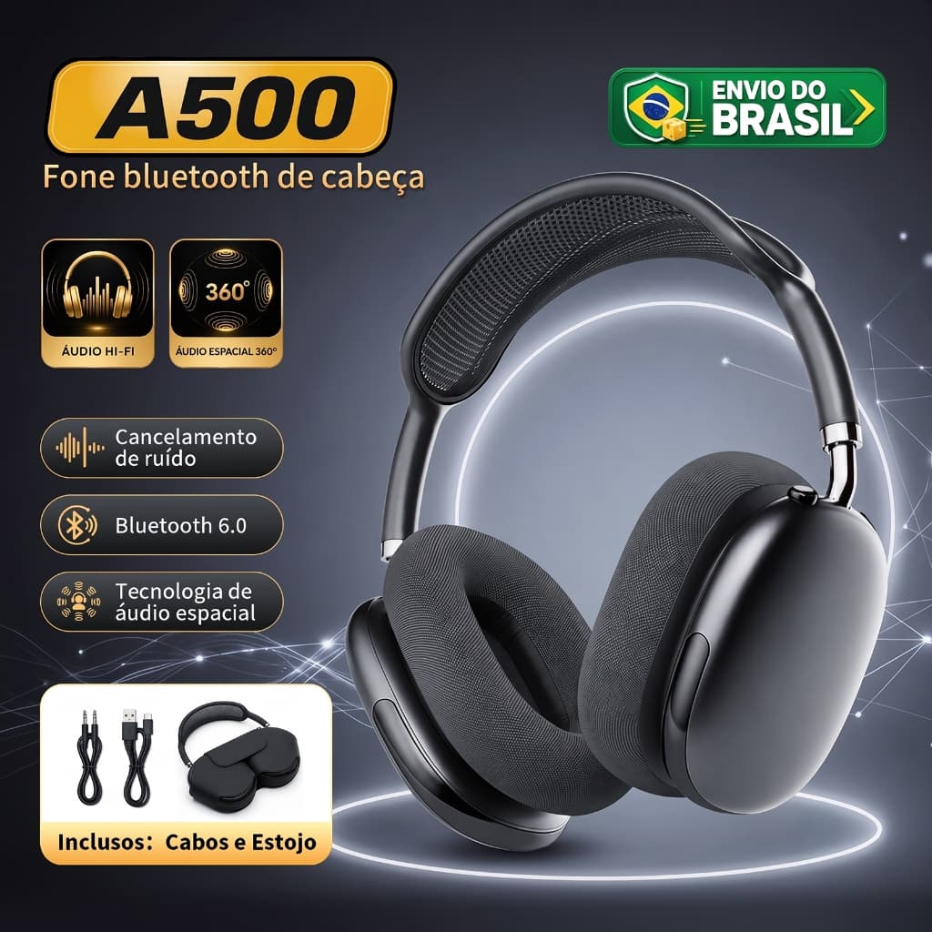 BML A500 Fone de Ouvido Bluetooth ANC Híbrido Fone Sem Fio Headset Gamer com Cancelamento de Ruído 69H Bateria Hi-Res