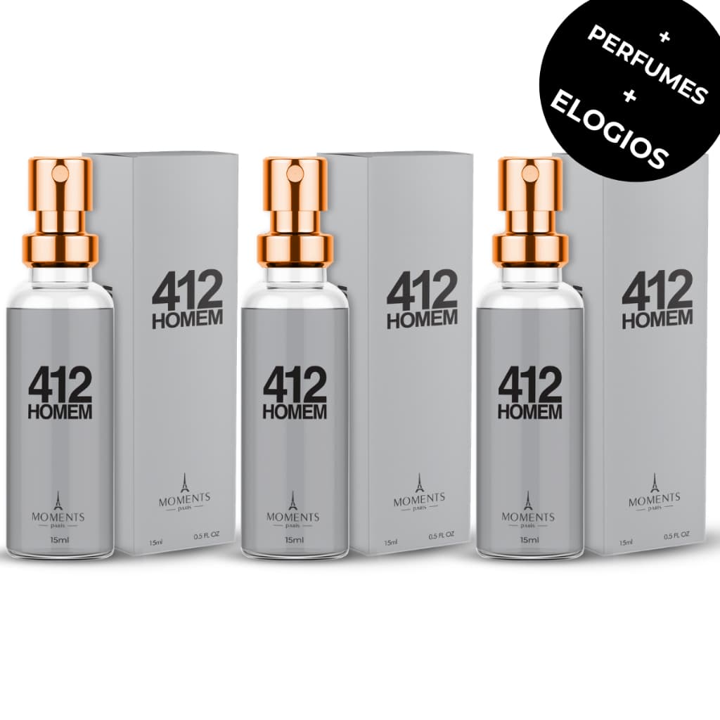 KIT COM 3 Perfumes Masculino 412 HOMEM 15mL EDP Alta Fixação Amadeirado Suave Perfume Importado Premium