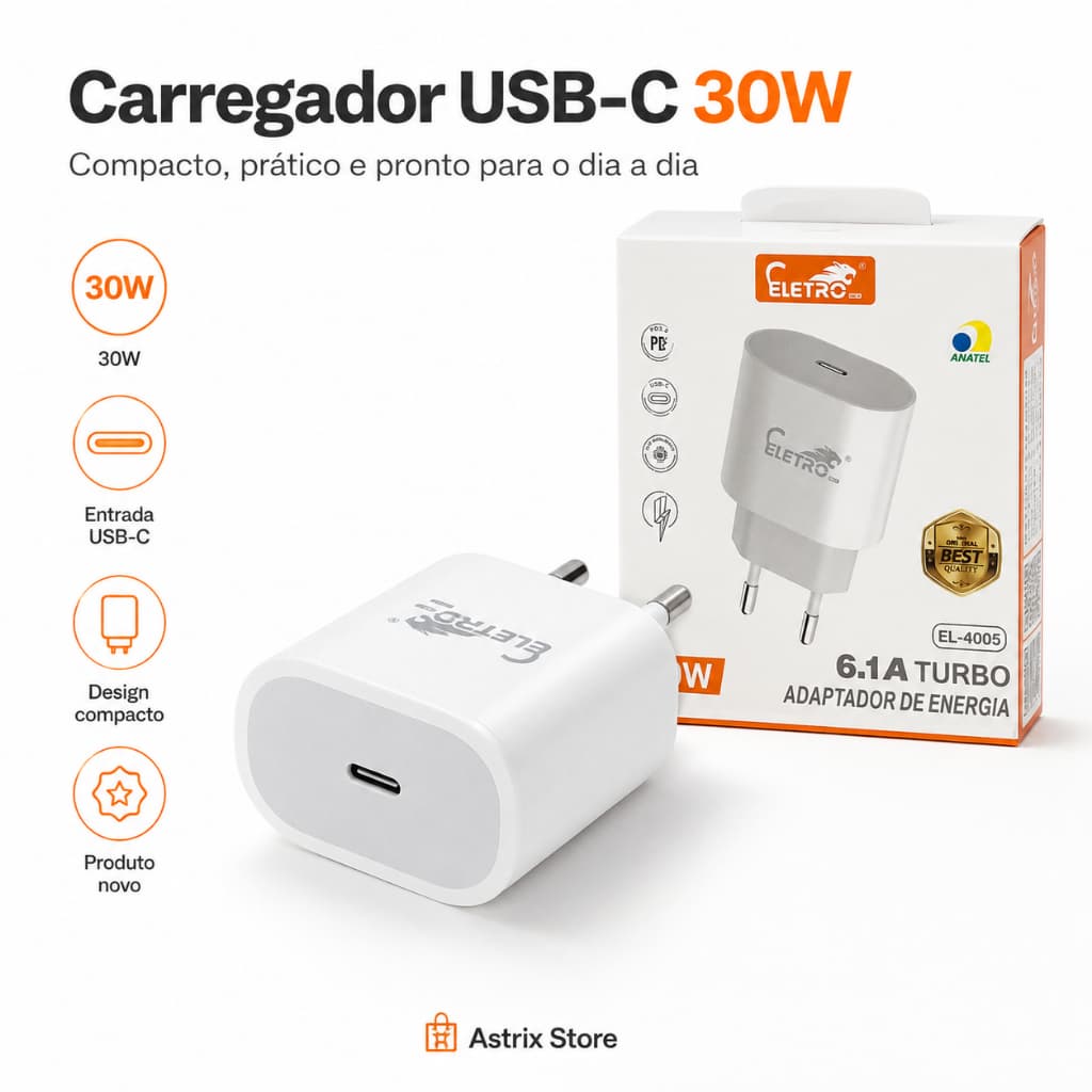 Fonte Carregador Turbo USB-C 30W Avulsa Para Celular Android iPhone Tablet