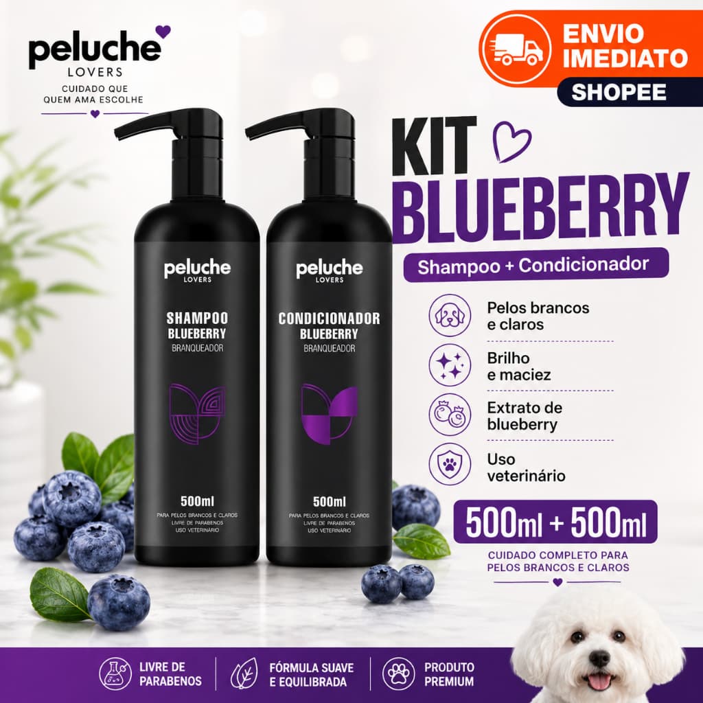 Kit Shampoo + Condicionador Pet Blueberry Branqueador Peluche Lovers para Cães e Gatos