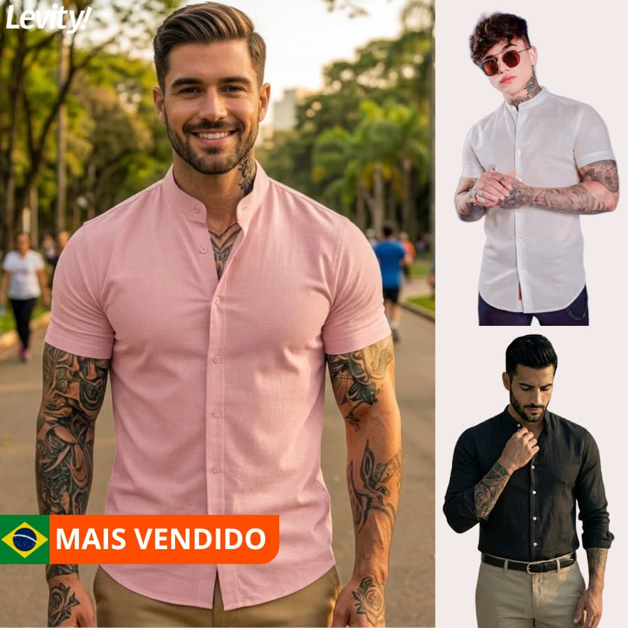 Camisa Masculina Gola Padre Manga Curta Slim Linho e Viscose NÃO AMASSA