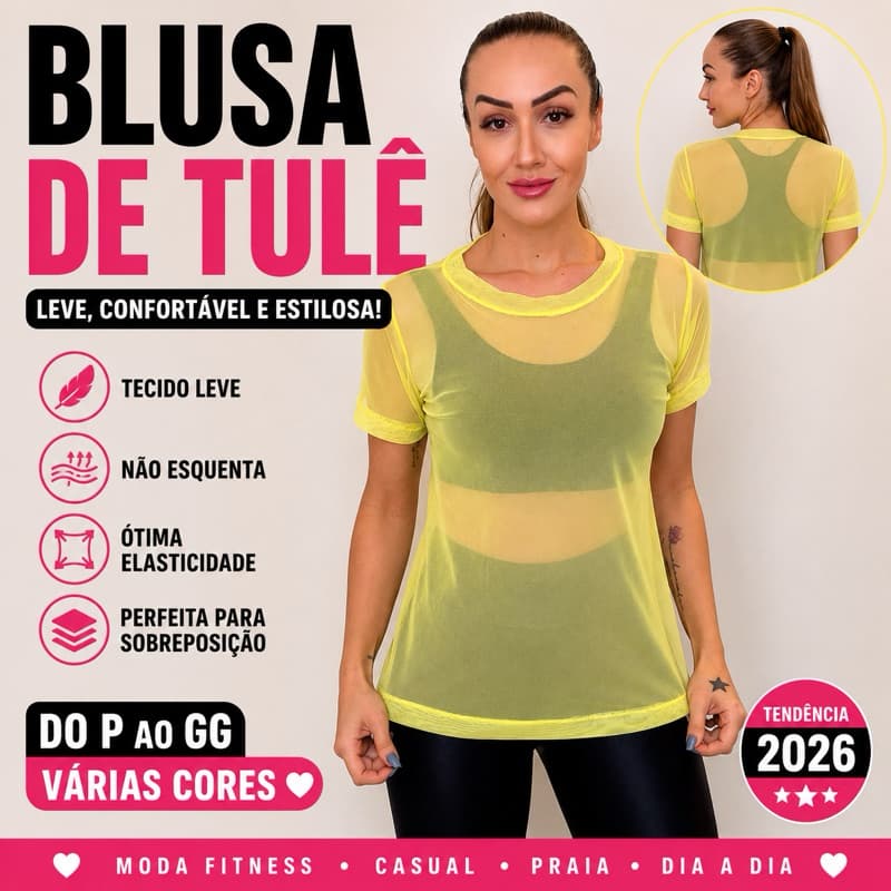 Blusa Feminina Tule Fitness Camisão Fitness Transparente De Academia