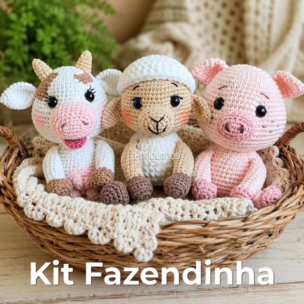 Kit Fazendinha em Amigurumi de Crochê – Vaquinha, Porquinho e Ovelhinha