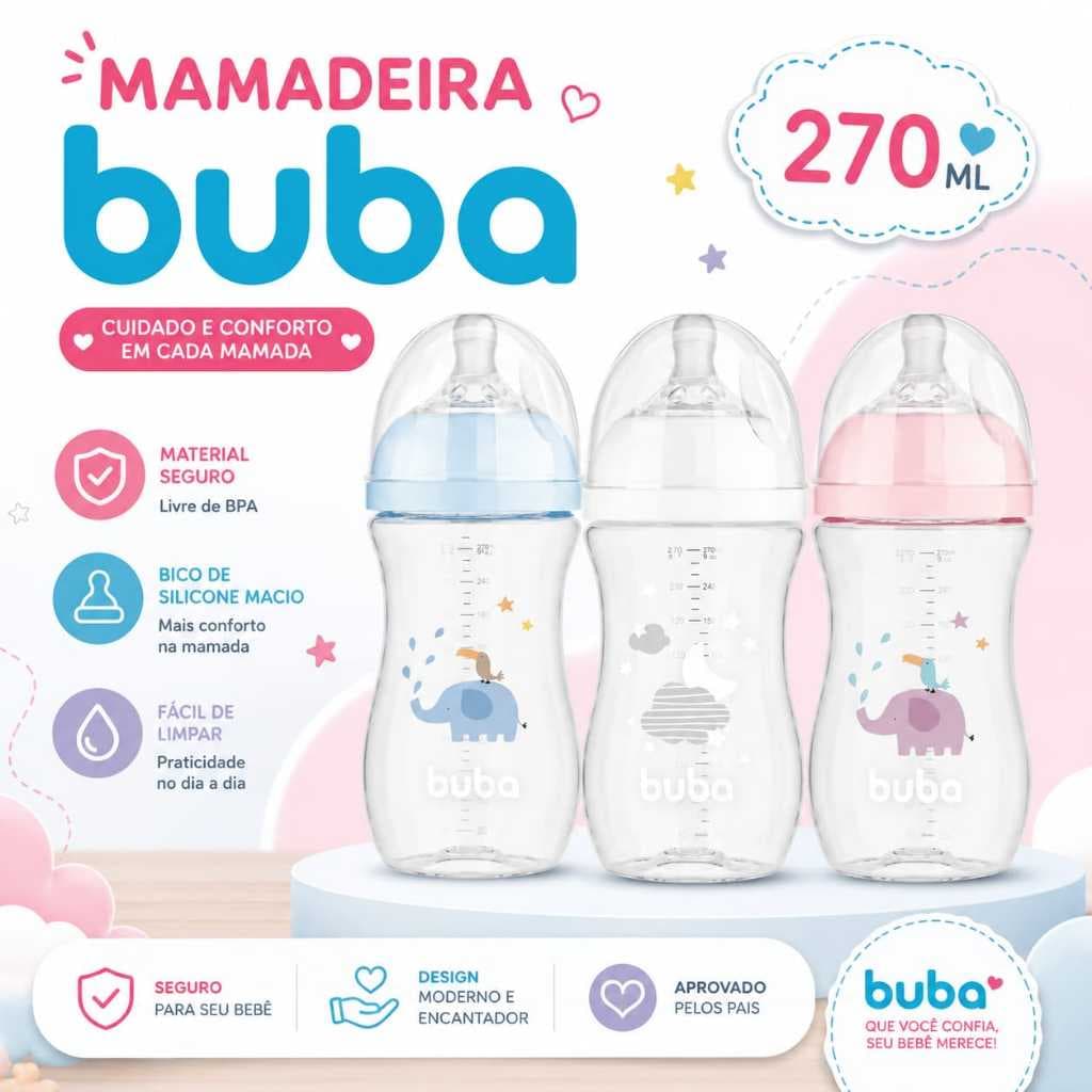 Kit Com 2 Mamadeiras Bebe Buba 270 Ml Bico Silicone Evita Gases Moderna Conforto Mamadeirsas Para Bebe