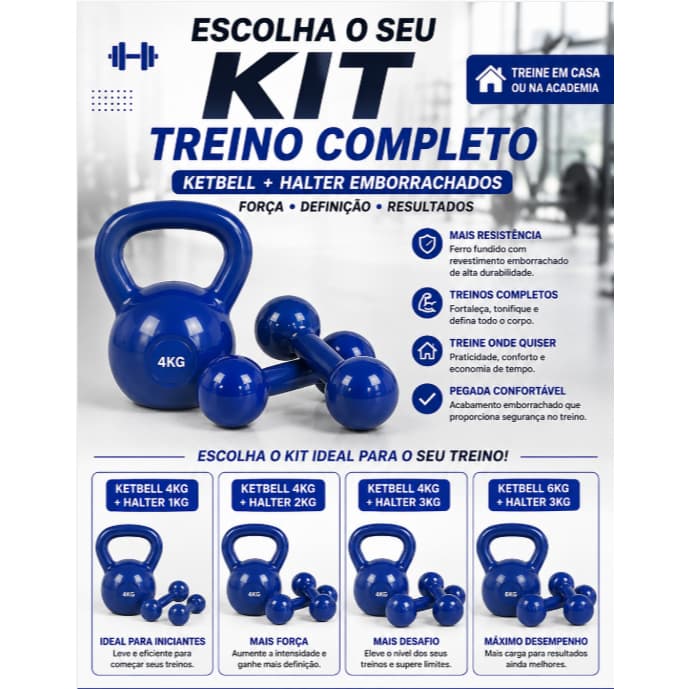 Kit Academia em Casa Kettlebell + Par de Halteres Emborrachados Ferro Fundido