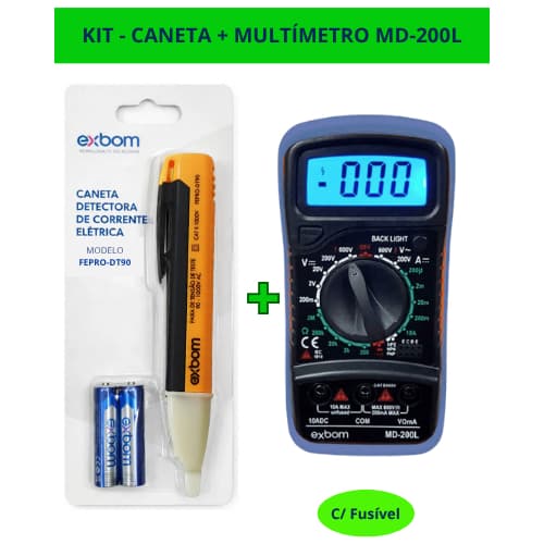 Multímetro Digital Exbom Com Fusível e Bipe MD-200L + Caneta Datectora de Tensão FEPRO-DT90