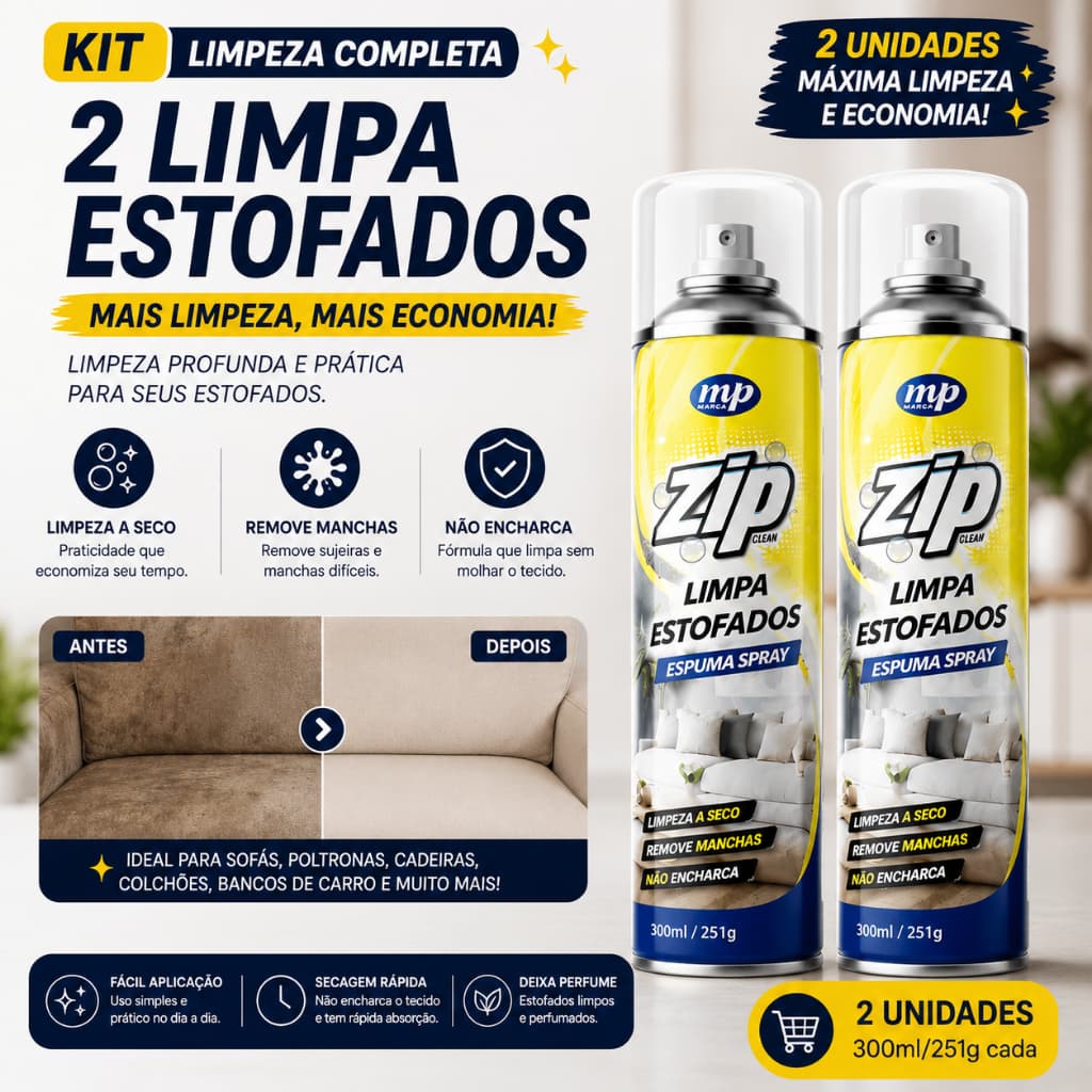 Kit 2 Espumas Spray Zip Clean Limpa a Seco Sofá, Estofado, Banco de Carro Limpeza Profunda