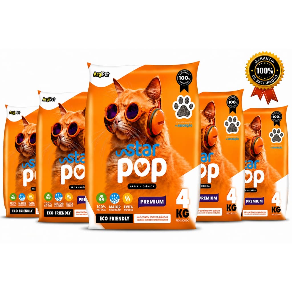 KIT 5 Areias de Gato Sanitária Higiênica 20KG Natural Super Absorvente Biodegradável Anti-Odor  Star Pop Premium