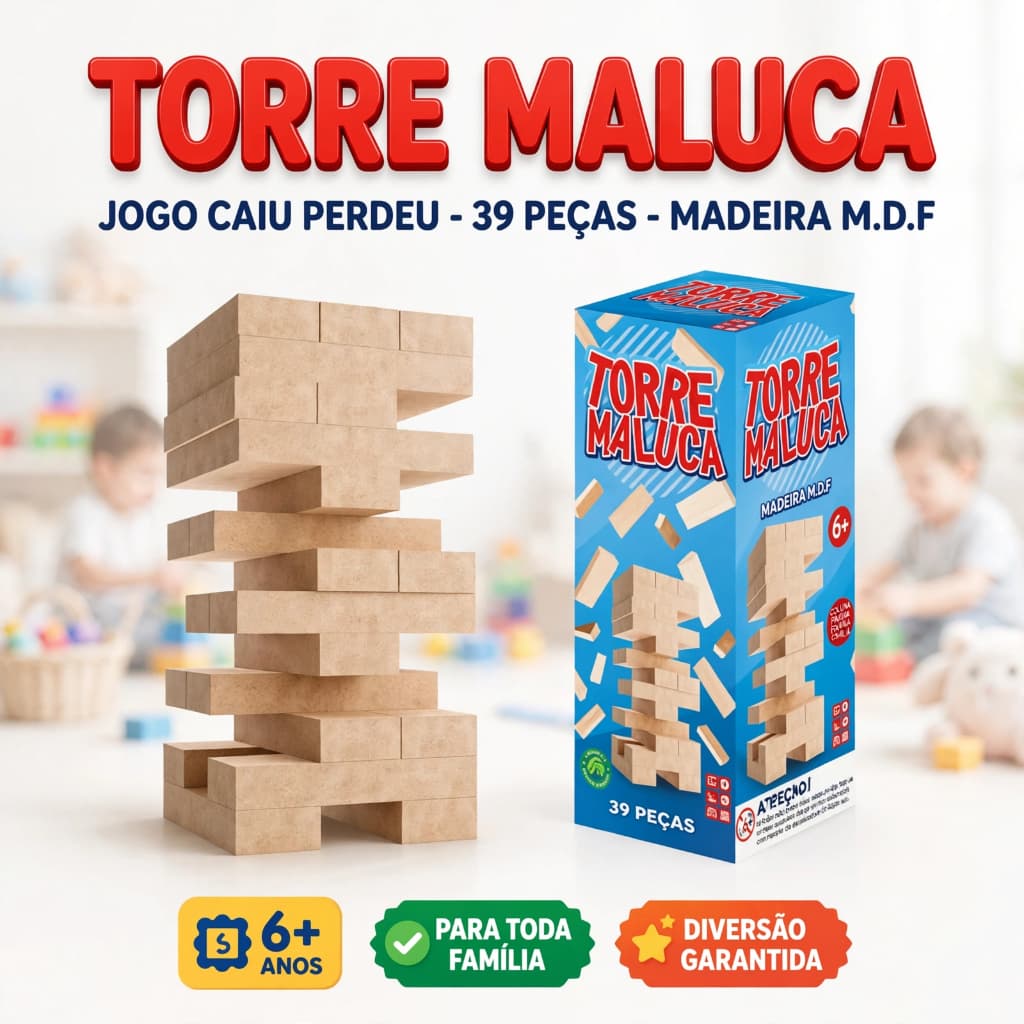 Jogo Caiu Perdeu Torre Maluca 39 Peças Madeira Família Brinquedo Educativo