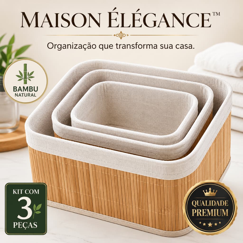 Kit 3 Cestos Organizadores de Bambu Natural com Forro de Tecido | Organizador Multiuso para Banheiro, Closet, Cozinha e