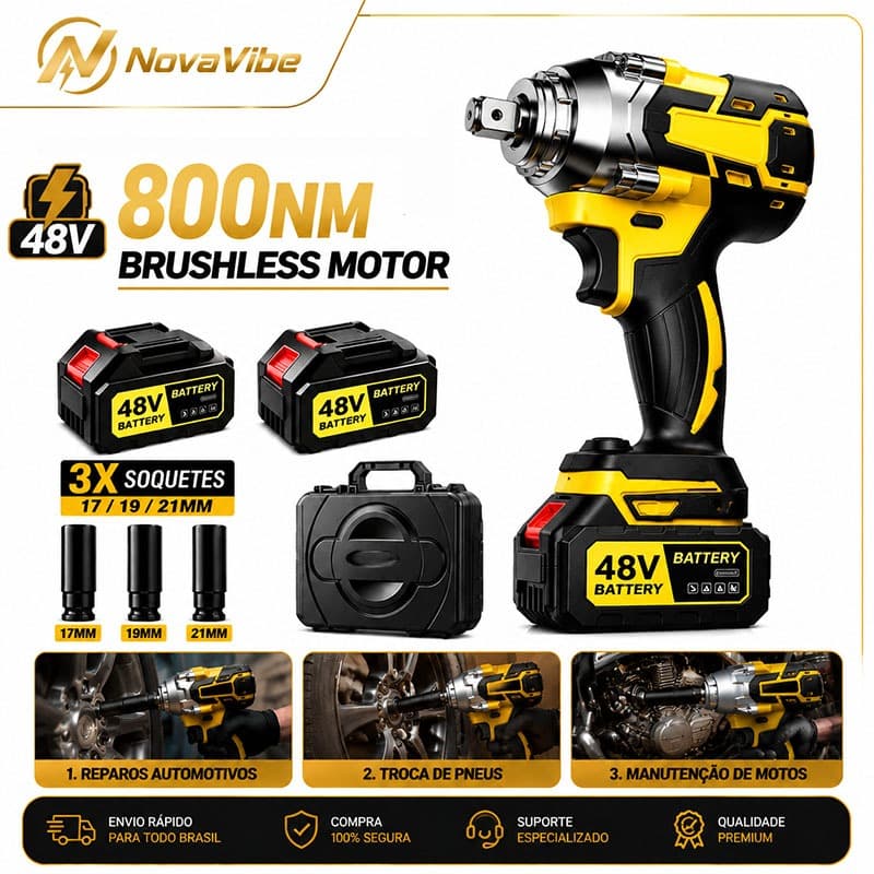 Chave de Impacto Sem Fio 48V 800Nm Profissional Furadeira Parafusadeira Brushless 2 Baterias