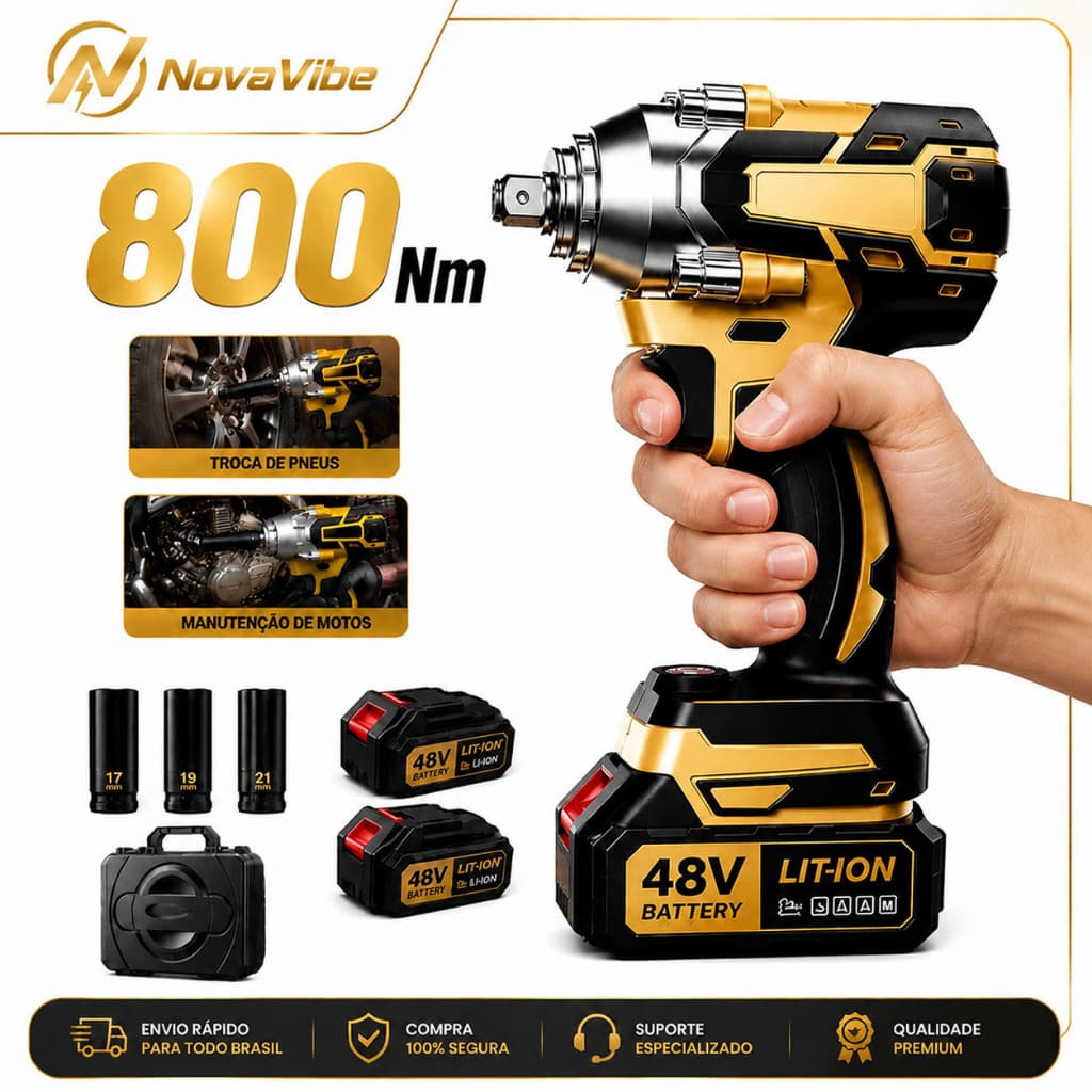 Chave de Impacto Elétrica Sem Fio 800Nm Profissional Furadeira Parafusadeira Brushless com Maleta + 2 Baterias