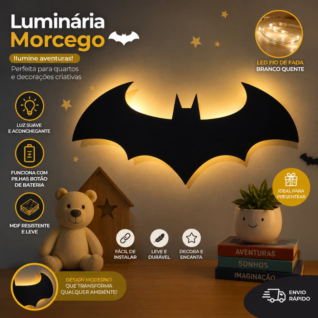 Luminária Batman Com Led Fio de Fada  Branco Quente Em MDF - Decoração Infantil