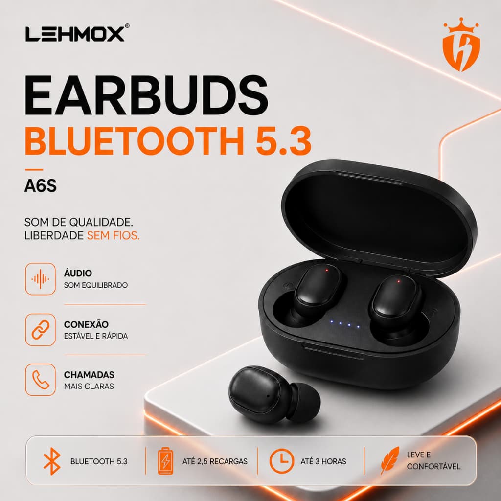 Earbuds A6S Bluetooth 5.3 Preto Fone de Ouvido Sem fio Compatível com Celular Tablet iPad Android iOS iPhone Apple