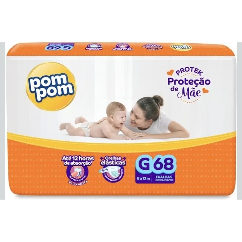Fralda Pom Pom Protek Proteção de Mãe Hiper G 68 Unidades