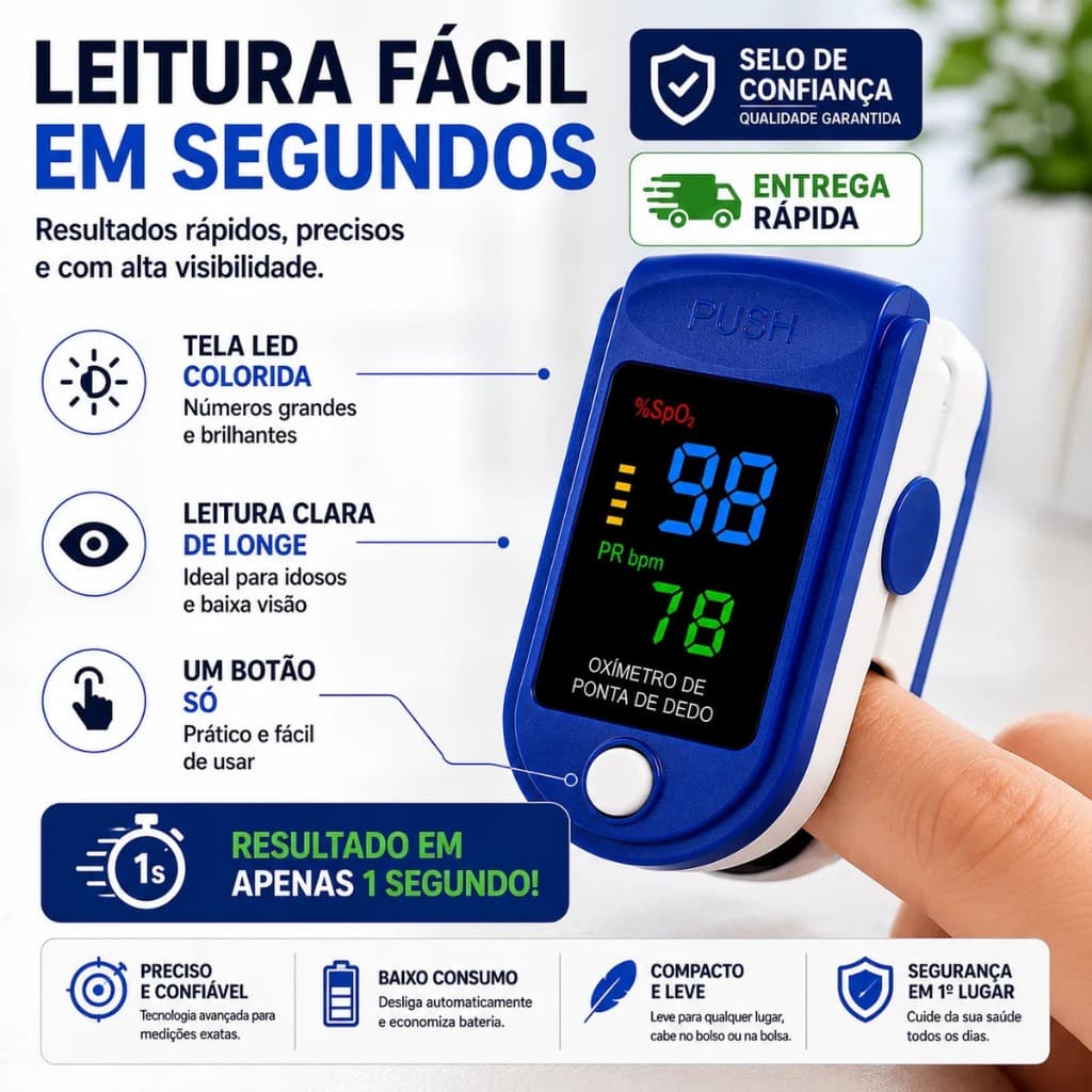 Oximetro De Pulso Dedo Digital Portatil Medidor Saturação Oxigenio Sangue Batimento Cardiaco Monitor Saude profissional