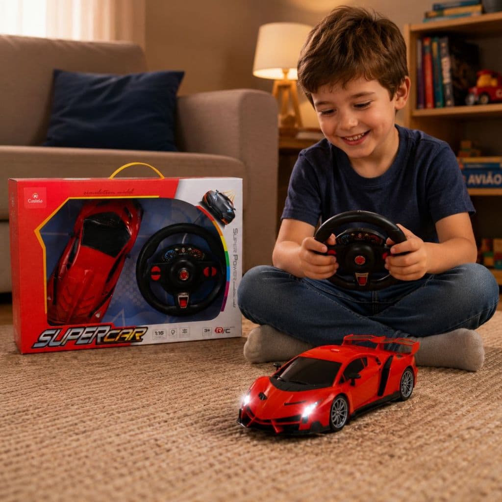 Brinquedo Carrinho de Controle Remoto Esportivo Super Car Com Luz e Volante P/ Crianças - Castela