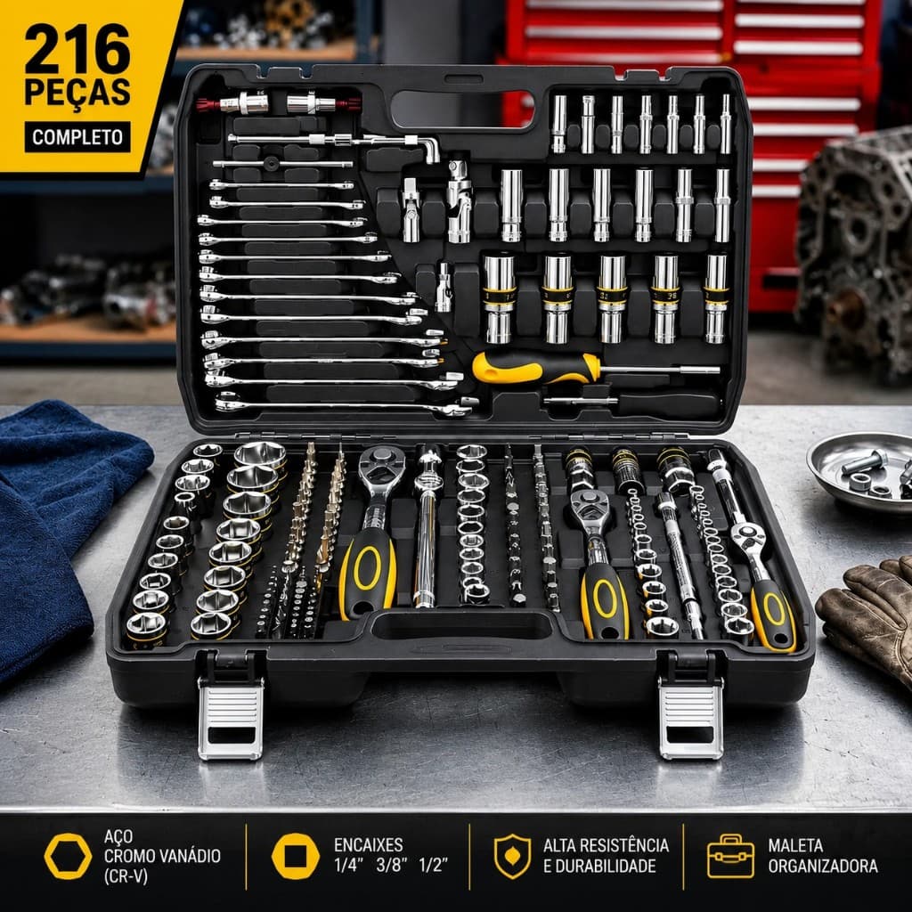 Kit Jogo de Ferramentas 216 Peças Profissional CR-V Com Maleta Soquetes Catraca Chaves Completo
