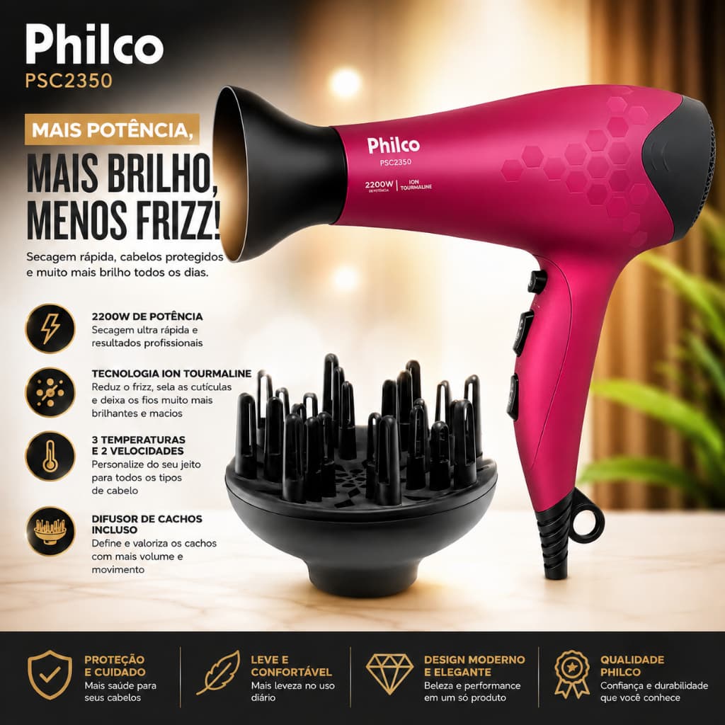 Secador de Cabelo Philco Profissional 2200W Bivolt + Difusor de Cachos