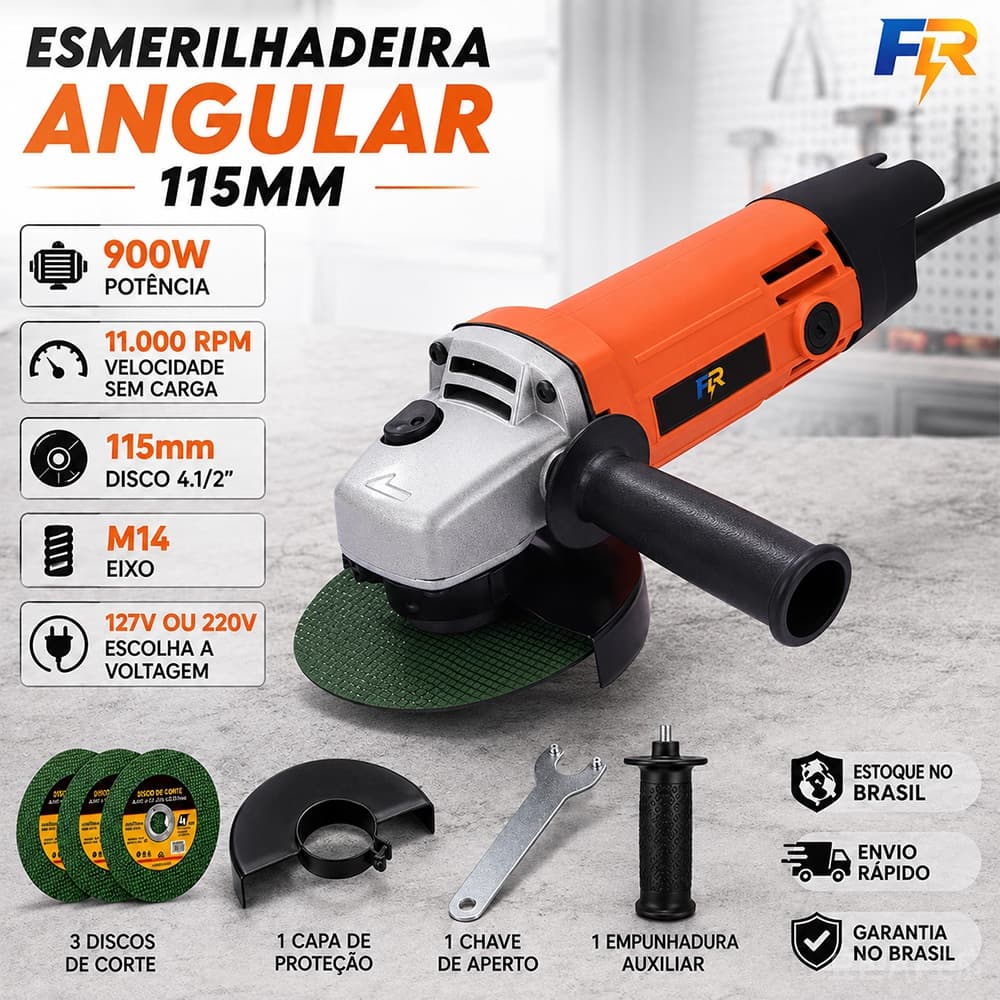 Esmerilhadeira Angular Lixadeira Elétrica 900W Kit 3 Discos de Corte 115mm 127V/220V