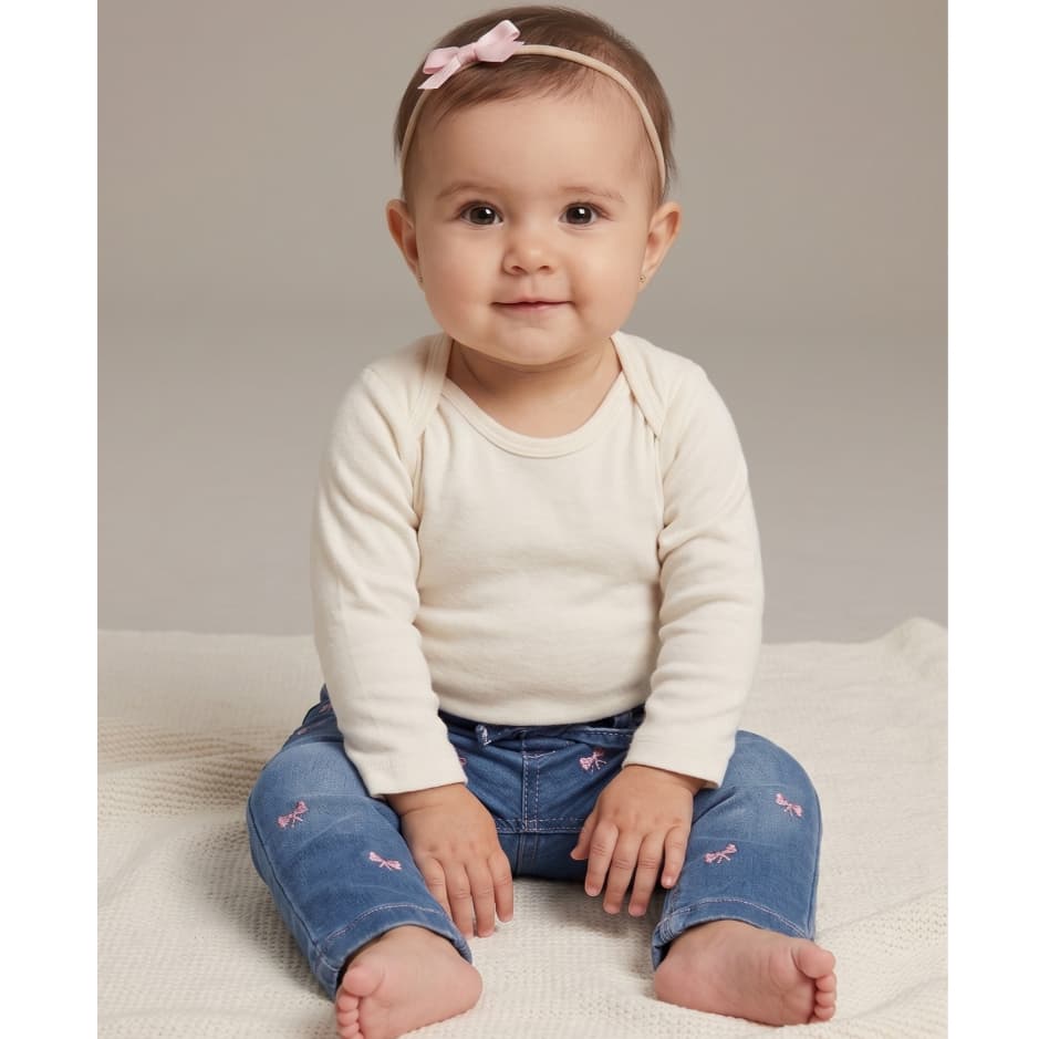 Calça Jeans Bebê Menina Bordado Floral Laços Cós Elástico Lordan