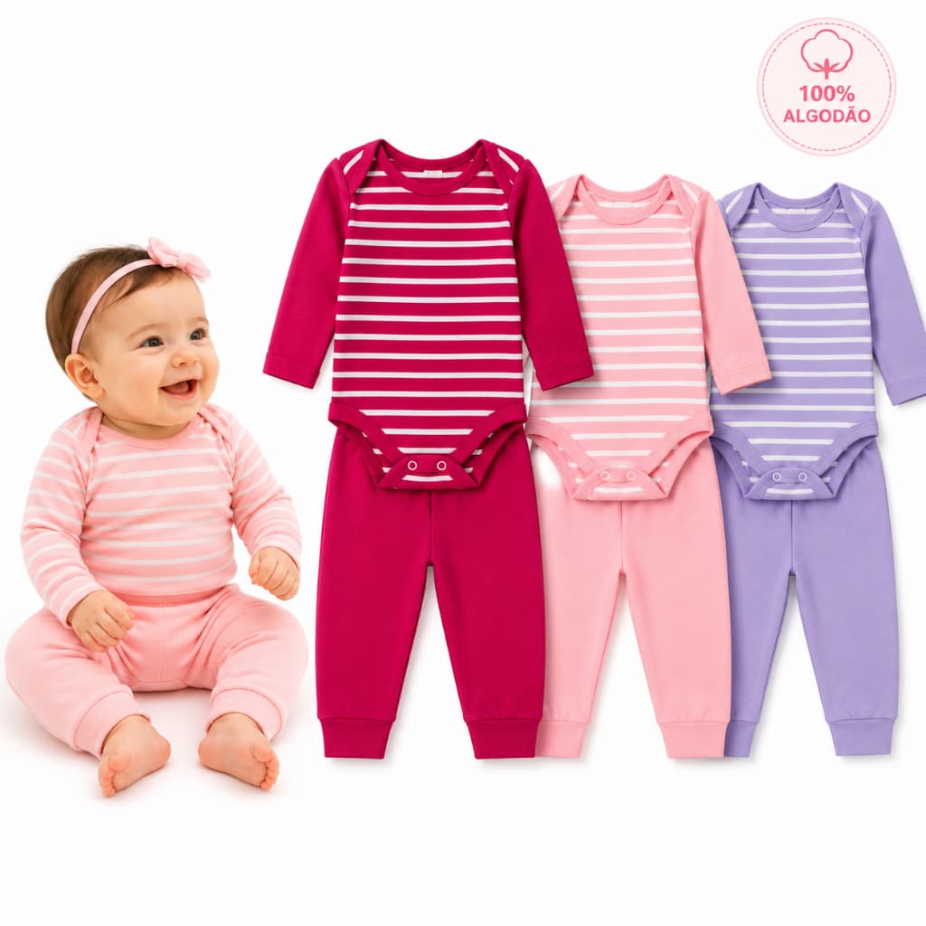 Kit 4 Peças Bebê Menina Body Manga Longa + Calça Mijão 100% Algodão Enxoval