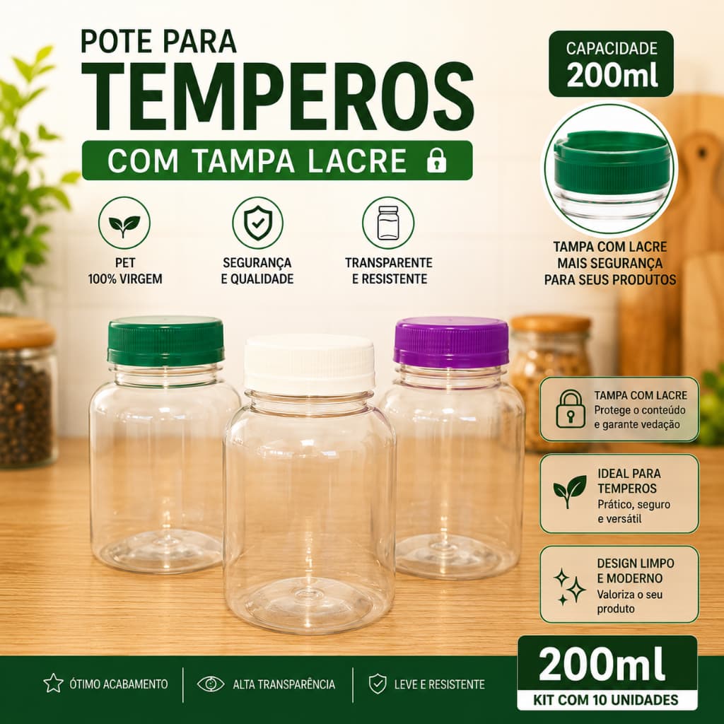 Kit até 20 Potes para Temperos 200ml PET Cristal com Tampa Lacre para Condimentos, Especiarias e Organização da Cozinha
