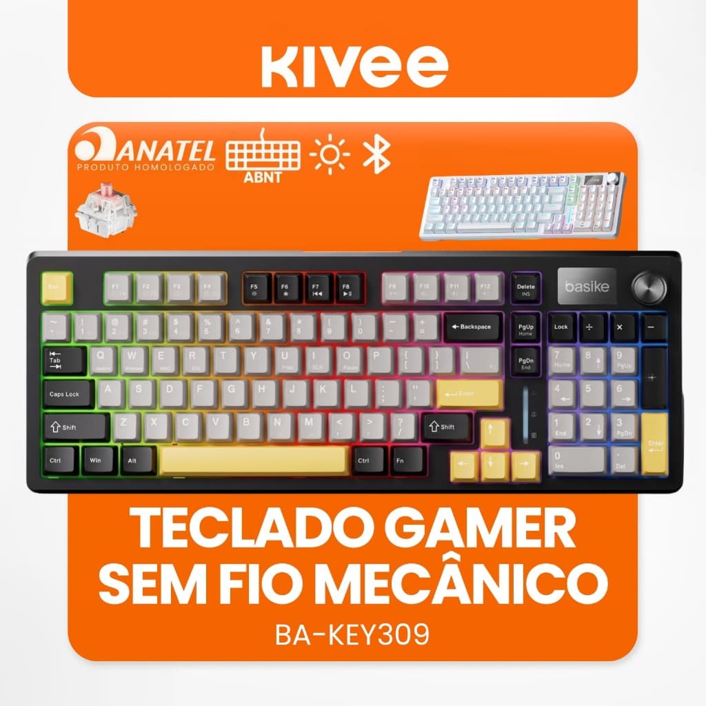 Kivee X Basike Teclado Mecânico Gamer Triplo Modo RGB 96 Teclas Bluetooth 2.4G e Fio Bateria 4000mAh KEY309