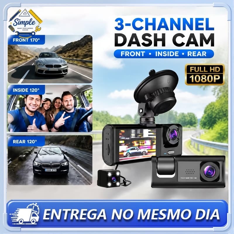 Câmera Traço Para Carro 1080P HD Dash Cam 3 Câmera (Frontal + Interna + Traseira) DVR Automotivo com Visão Noturna