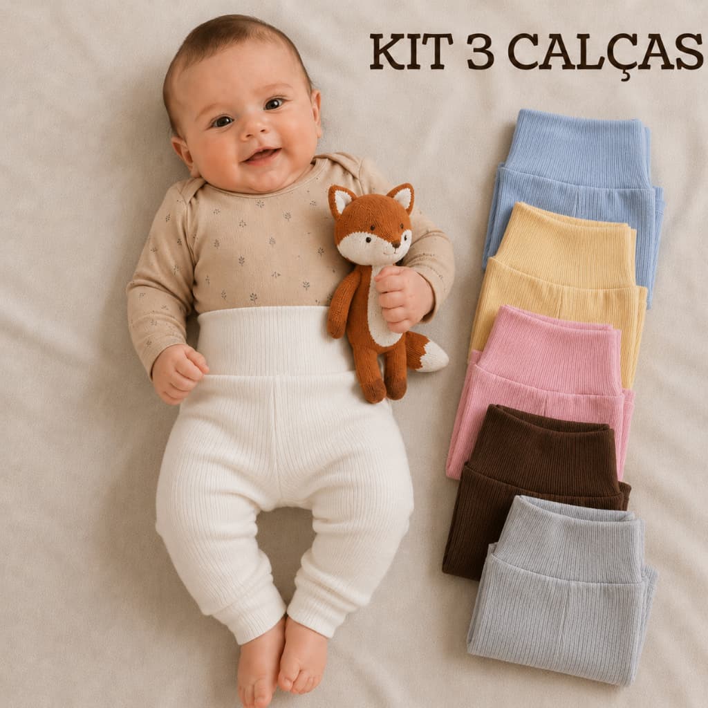 Kit 3 Calças Culote Bebê Cós Alto Sem Elástico Ribana Canelada Algodão P ao 1